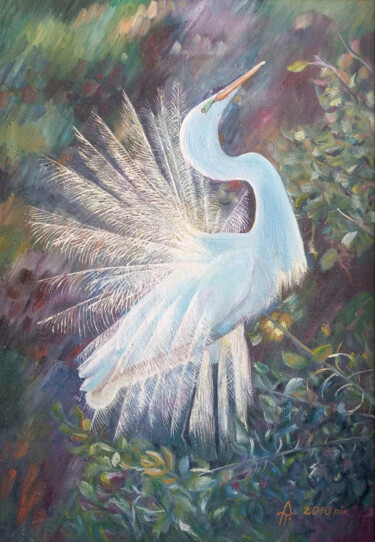 绘画 标题为“Dawn bird. The whit…” 由Tanya Dolya, 原创艺术品, 油 安装在木质担架架上