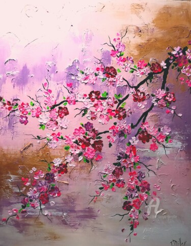 Painting titled "Blossoming Sakura I…" by Tanya Mirelle, Original Artwork, Oil Mounted on Wood Stretcher frame