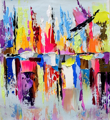 Painting titled "Colorful Skyline -…" by Tanya Mirelle, Original Artwork, Oil