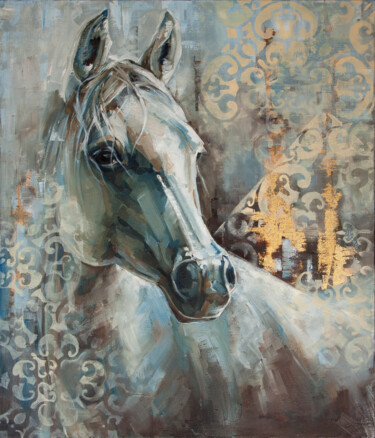 Schilderij getiteld "Blue horse" door Tanya Vell, Origineel Kunstwerk, Olie Gemonteerd op Frame voor houten brancard