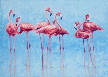 「Pink flamingos」というタイトルの絵画 Tanya Vellによって, オリジナルのアートワーク, オイル ウッドストレッチャーフレームにマウント
