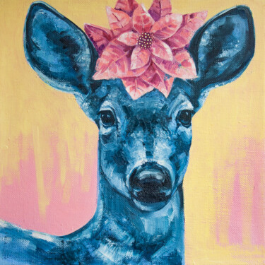 Malarstwo zatytułowany „Roe deer in blue” autorstwa Tanya Vell, Oryginalna praca, Olej Zamontowany na Drewniana rama noszy
