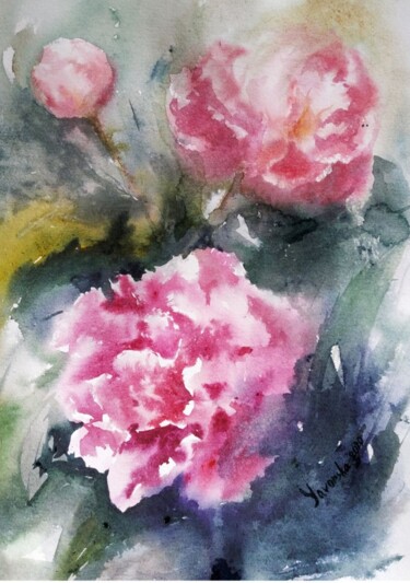 Painting titled "Peonies" by Tanya Yavorska, Original Artwork, Watercolor