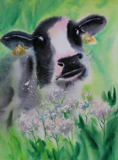 Peinture intitulée "Une vache" par Tatianaku, Œuvre d'art originale, Aquarelle
