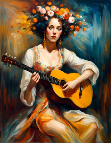 Artes digitais intitulada "woman Guitarist" por Tarkanm, Obras de arte originais, Imagem gerada por IA
