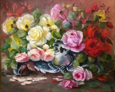 Pittura intitolato "Натюрморт розы" da Tatiana Rykova (Rosa), Opera d'arte originale, Olio