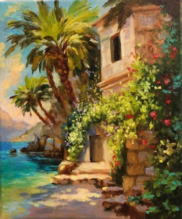 Painting titled "House and sea" by Tatiana Rykova (Rosa), Original Artwork, Oil