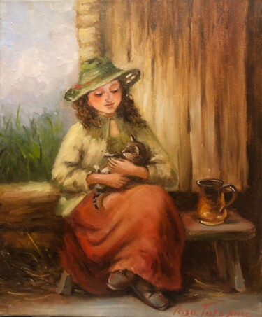 Painting titled "Девочка с котенком" by Tatiana Rykova (Rosa), Original Artwork, Oil