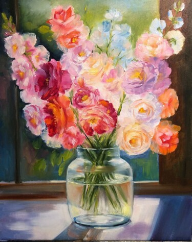 Картина под названием "Цветочный натюрморт…" - Татьяна Рыкова (Rosa), Подлинное произведение искусства, Масло