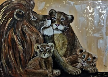 Painting titled "The Lion Family" by Tatiana Brester, Original Artwork, Oil