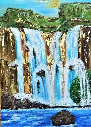 Painting titled "Waterfall of desires" by Tatiana Brester, Original Artwork, Oil Mounted on Wood Stretcher frame