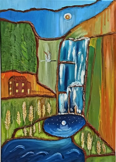 Pittura intitolato "Waterfall House" da Tatiana Brester, Opera d'arte originale, Olio Montato su Telaio per barella in legno