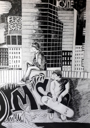 Drawing titled "Modern City" by Tatiana Bykova, Original Artwork, Ink