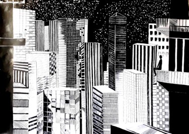 Drawing titled ""Big City Lights"" by Tatiana Bykova, Original Artwork, Ink