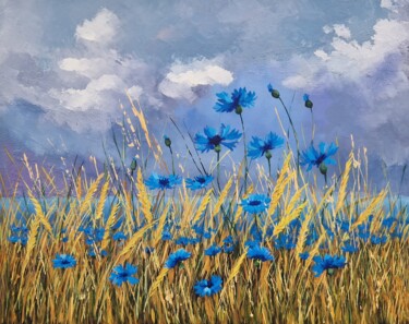 Painting titled "Cornflower field (6)" by Tatiana Karchevskaya, Original Artwork, Oil Mounted on Wood Stretcher frame