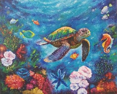 Painting titled "Turtle under water…" by Tatiana Krilova, Original Artwork, Oil