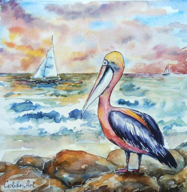 Peinture intitulée "Pelican Painting Bi…" par Tatiana Matveeva, Œuvre d'art originale, Aquarelle