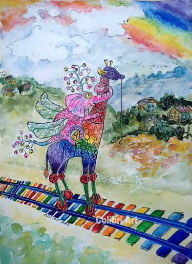 Картина под названием "Giraffe Painting El…" - Tatiana Matveeva, Подлинное произведение искусства, Акварель