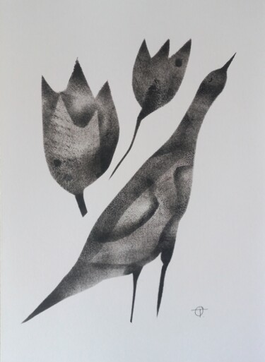 Painting titled "Bird and flowers" by Tatiana Orel, Original Artwork, Ink