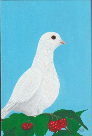 Painting titled "A dove on a viburnum" by Tatiana Paterilo, Original Artwork, Acrylic