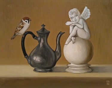 Painting titled "Sparrow and angel.…" by Tatiana Popova, Original Artwork, Oil Mounted on Wood Stretcher frame