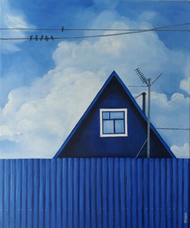 Painting titled "Blue house" by Tatiana Popova, Original Artwork, Oil Mounted on Wood Stretcher frame