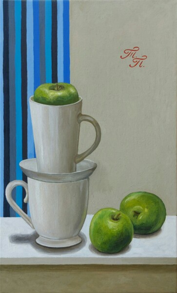 Painting titled "2 mugs and 3 apples" by Tatiana Popova, Original Artwork, Oil Mounted on Wood Stretcher frame