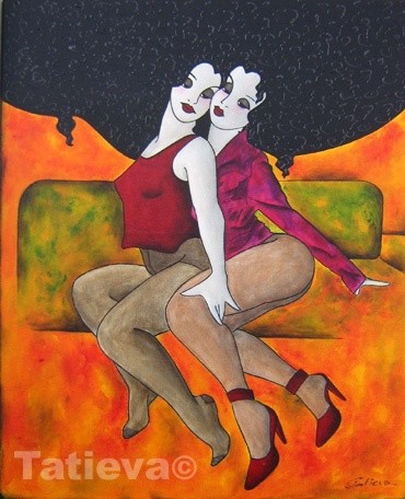 Painting titled "Duo sur Canapé" by Tatieva, Original Artwork