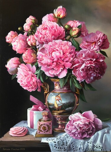 Malerei mit dem Titel "Peonies - pink mood" von Tatjana Cechun, Original-Kunstwerk, Öl