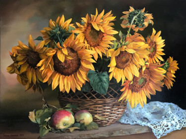 Painting titled "Sunflowers in a bas…" by Tatjana Cechun, Original Artwork, Oil