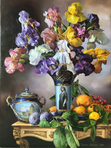 Schilderij getiteld "Still life with Iri…" door Tatjana Cechun, Origineel Kunstwerk, Olie