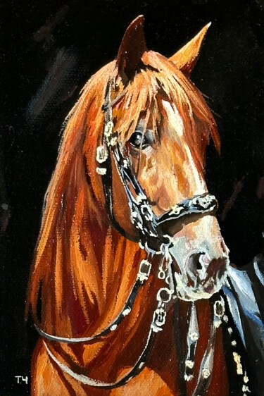 「Brown horse in harn…」というタイトルの絵画 Tatjana Cechunによって, オリジナルのアートワーク, オイル 段ボールにマウント
