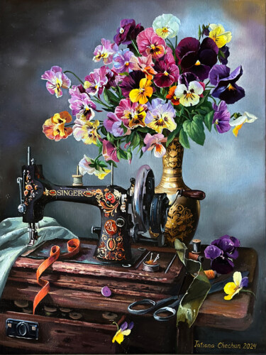 Schilderij getiteld "Pansies and sewing…" door Tatjana Cechun, Origineel Kunstwerk, Olie