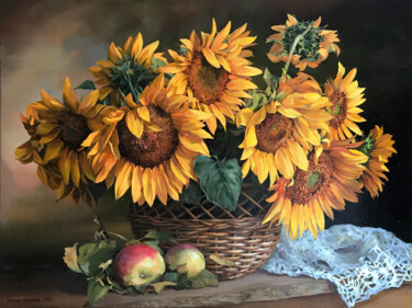 Pintura titulada "Sunflowers in a bas…" por Tatjana Cechun, Obra de arte original, Oleo