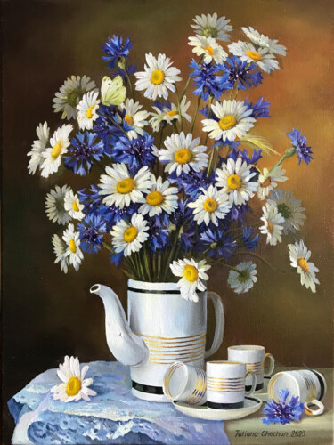 Painting titled "Daisies with Cornfl…" by Tatjana Cechun, Original Artwork, Oil