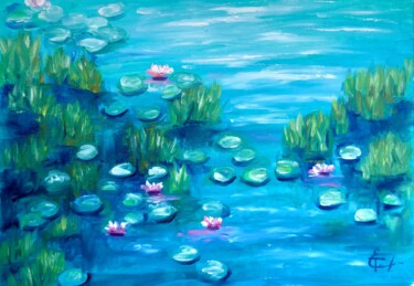 Картина под названием "Water lily pond wit…" - Tatsiana Yelistratava, Подлинное произведение искусства, Масло