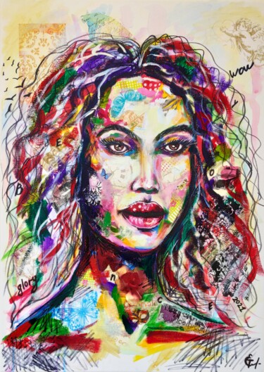 Malerei mit dem Titel "Beyonce pop art cel…" von Tatsiana Yelistratava, Original-Kunstwerk, Collagen Auf Keilrahmen aus Holz…