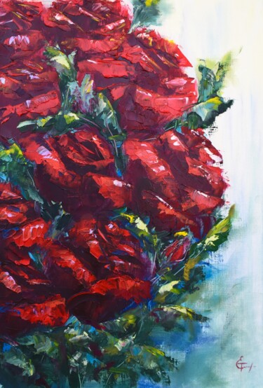 Rysunek zatytułowany „Red roses oil paint…” autorstwa Tatsiana Yelistratava, Oryginalna praca, Olej