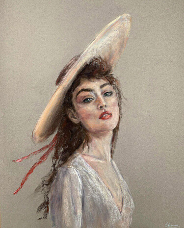 Schilderij getiteld "LADY WITH A HAT- po…" door Tatsiana Ilyina, Origineel Kunstwerk, Pastel