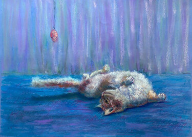 Schilderij getiteld "FLUFFY CAT- blue ro…" door Tatsiana Ilyina, Origineel Kunstwerk, Pastel