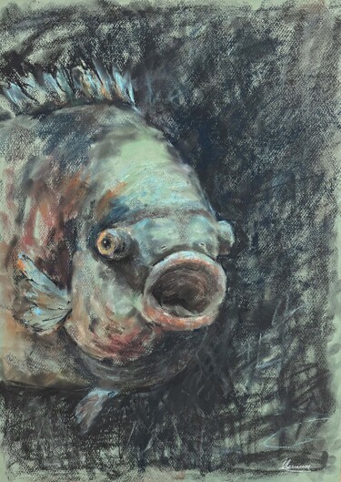 Dibujo titulada "HUNGRY FISH- animal…" por Tatsiana Ilyina, Obra de arte original, Pastel