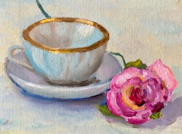 Schilderij getiteld "Tea cup and rose pa…" door Tatyana Kurkova, Origineel Kunstwerk, Olie
