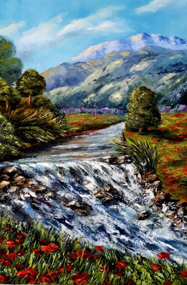 Painting titled "Mountain landscape" by Tatyana Orlovetskaya, Original Artwork, Oil Mounted on Wood Stretcher frame