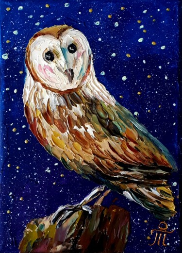 Schilderij getiteld "Barn owl" door Tatyana Orlovetskaya, Origineel Kunstwerk, Olie Gemonteerd op Frame voor houten brancard