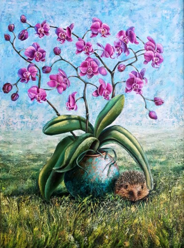 Painting titled "Orchid and Hedgehog" by Tatyana Orlovetskaya, Original Artwork, Oil Mounted on Wood Stretcher frame