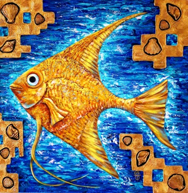 Painting titled "Golden Fish" by Tatyana Orlovetskaya, Original Artwork, Oil Mounted on Wood Stretcher frame