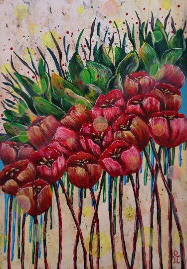 Pintura intitulada "Red tulips" por Tatyana Orlovetskaya, Obras de arte originais, Acrílico Montado em Armação em madeira