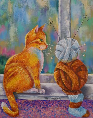 Pintura intitulada "Ginger kitten" por Tatyana Orlovetskaya, Obras de arte originais, Óleo Montado em Armação em madeira