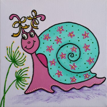Malarstwo zatytułowany „Cute Snail” autorstwa Tatyana Orlovetskaya, Oryginalna praca, Akryl Zamontowany na Drewniana rama no…