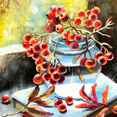 Pintura intitulada "Red Berries Oil Pai…" por Tatyana Ustyantseva, Obras de arte originais, Óleo